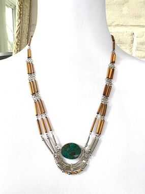 Bohemian Green Stone & Bamboo Multi-Strand Necklace Artisan Hook Closure